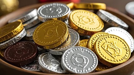 A close-up of shiny gold silver and brown foil-wrapped chocolate coins piled in a wooden bowl - Powered by Adobe