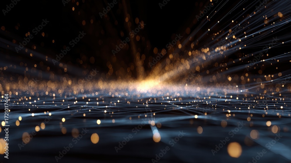 Poster Abstract visualization of digital data streams, showcasing vibrant light patterns and dynamic motion across a dark background.