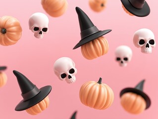 Halloween orange pumpkins, black witch hats, and white skulls falling against pastel pink background. Retro, playful autumn template