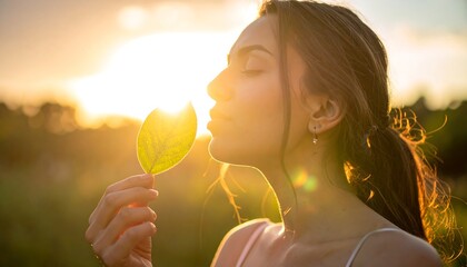 Woman smelling a leaf at sunset