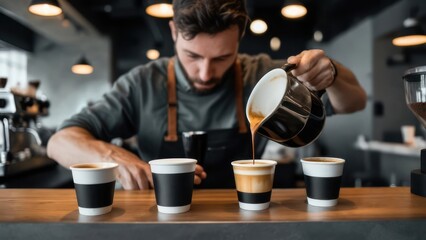 Fototapeta premium A barista pours coffee into cups