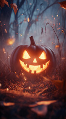 The glowing evil pumpkins in the forest at night