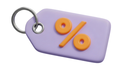 A 3d render of a purple tag with a percentage symbol on it, isolated on transparent background