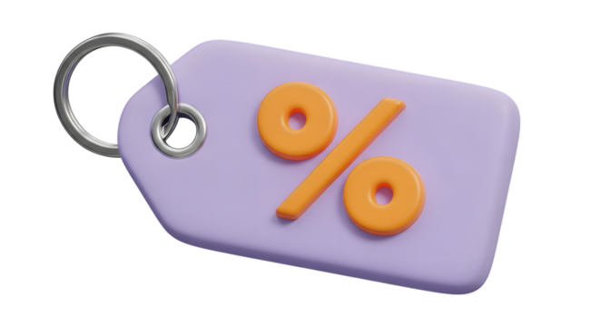 A 3d render of a purple tag with a percentage symbol on it, isolated on transparent background