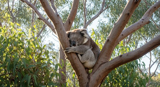 Adorable koala sleeping peacefully nestled in a eucalyptus tree branch in Australia - Powered by Adobe