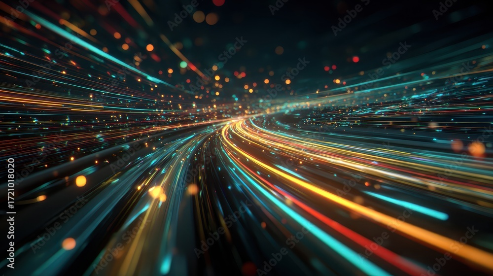Poster a vibrant depiction of light trails blending dynamically, symbolizing speed and innovation in techno