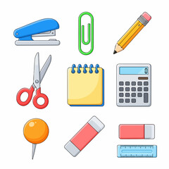 Collection of colorful cartoon office and school supplies icons including stapler, paper clip, pencil, scissors, notebook, calculator, push pin, eraser, and ruler, isolated on white.
