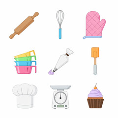 A vibrant collection of baking and pastry tools, including a cupcake, chef's hat, and kitchen essentials, perfect for culinary and sweet treat themes.