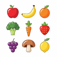 Collection of healthy, colorful cartoon fruits and vegetables: apple, banana, orange, broccoli, carrot, strawberry, grapes, mushroom, lemon icons.