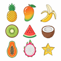 Vibrant cartoon tropical fruits collection with pineapple, mango, banana, kiwi, watermelon, coconut, papaya, dragon fruit, and star fruit vector illustrations on white background.