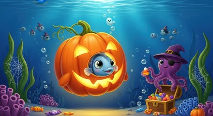 Whimsical underwater Halloween scene featuring a fish inside a jack-o'-lantern, an octopus wizard, ghosts, and scattered candies.
