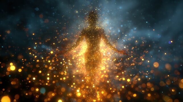 An ethereal figure illuminated by golden sparks against a dark, mystical backdrop, embodying transformation and spiritual awakening.