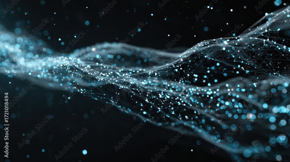 Poster abstract representation of light waves and particles in a dark environment, creating a mesmerizing v