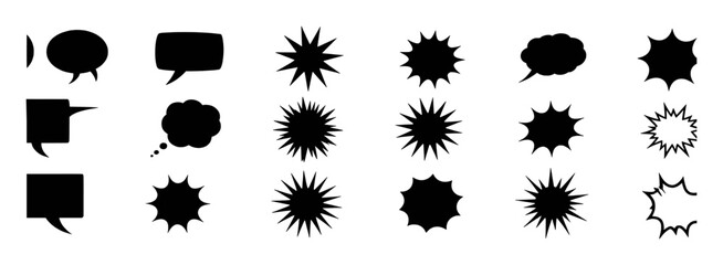 Collection of Black Speech Bubbles and Explosion Shapes on White Background