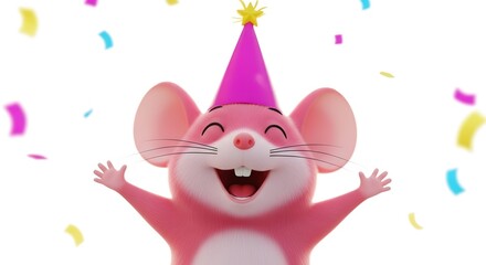 A happy pink cartoon mouse wearing a party hat and celebrating with confetti, isolated on white background