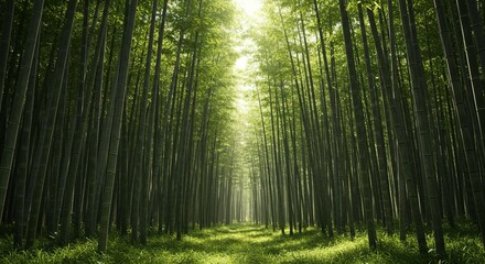 Obraz premium Sunlight filters through dense, tranquil bamboo forest creating serene natural scene