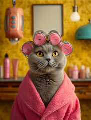 British Shorthair cat with pink hair rollers in beauty salon spa treatment. Humorous pet grooming concept with vintage styling. Funny pampered cat in luxury salon setting.