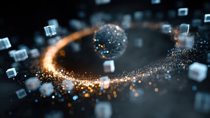 An abstract representation of particles and energy, showcasing a mesmerizing cosmic view with swirling elements and glowing effects.