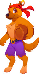 Fototapeta premium Cartoon dog animal pirate nautical adventurer character carrying a wooden barrel. Isolated vector cheerful corsair canine personage with a friendly expression wearing a red bandana and purple shorts