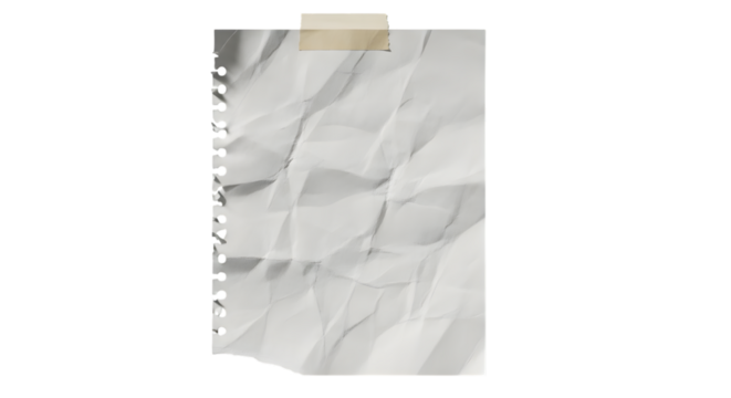 A crumpled piece of white paper with torn edges and a perforated binding, taped to a surface with a single piece of beige tape, isolated on a transparent background