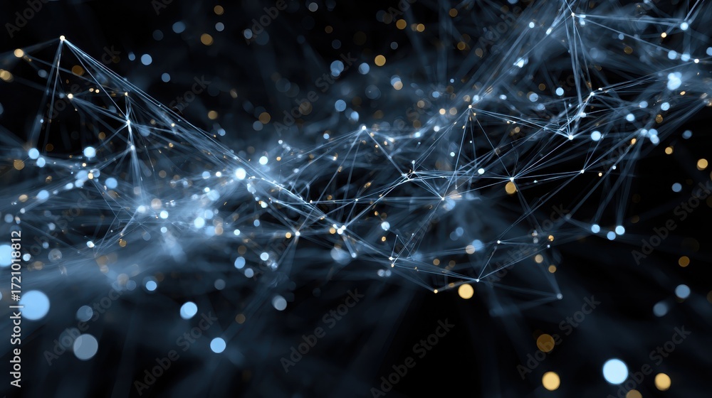 Poster a mesmerizing abstract composition of glowing connections and lights representing data flow and tech