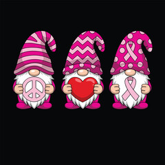 Cute Gnomes with Peace Sign, Awareness Ribbon, and Heart – Vector Illustration