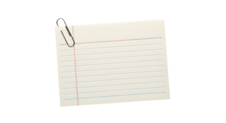 A blank white paper note with red dashed lines and a single red stitched line on the left, held by a metal paperclip, isolated on transparent background