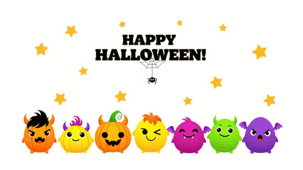 Spooky Monster Gathering: A cheerful ensemble of adorable monsters and Halloween elements, bringing spooky vibes, perfect for greeting cards and fun designs.