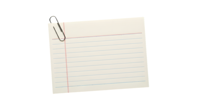 A blank white paper note with red dashed lines and a single red stitched line on the left, held by a metal paperclip, isolated on transparent background