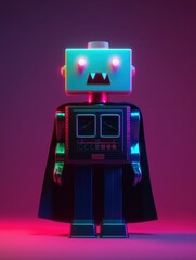 Vampire toy robot with boxy head, glowing red eyes, and sharp teeth against purple gradient background. Halloween futuristic playful backdrop.