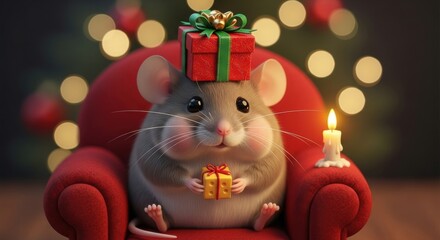 Adorable chubby mouse wearing a Christmas hat, holding gifts and sitting on a red armchair with a glowing candle and festive bokeh lights.