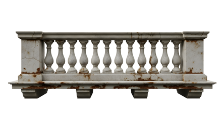 A weathered, aged, and ornate stone balustrade with decorative balusters, showing signs of rust and decay, isolated on a transparent background