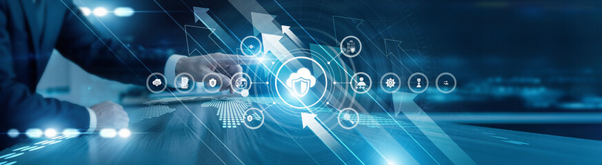 Specialists touching the icon and word cloud security on global network data protection encryption monitoring compliance digital infrastructure risk management secure systems.