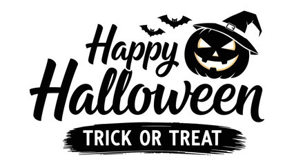 Happy Halloween and Trick or Treat: An illustrated festive design with Happy Halloween text with playful pumpkin and bat elements, capturing the essence of spooky fun and celebration.