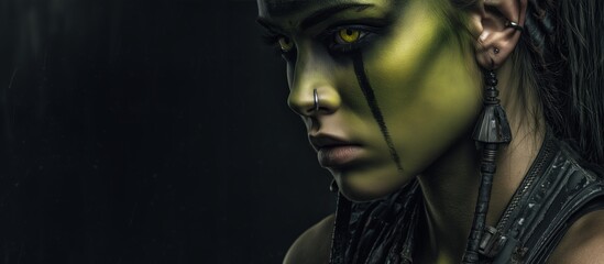 Zombie woman with eerie green face paint, yellow eyes and piercings. Halloween, fantasy tribal dark background.