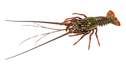 A spiny lobster, also known as rock lobster, isolated on a transparent background, showcasing its long antennae and segmented body, a popular seafood delicacy