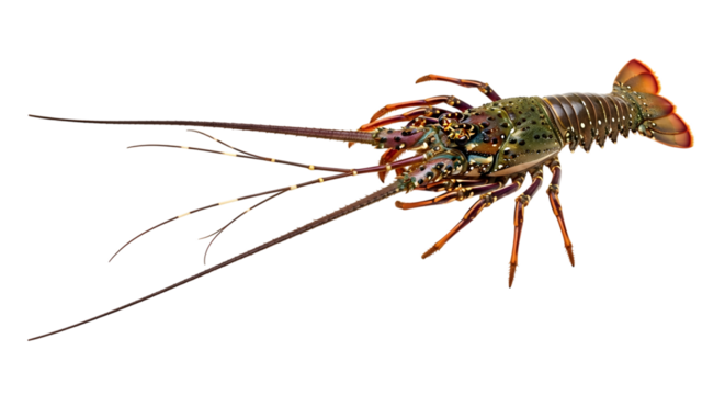 A spiny lobster, also known as rock lobster, isolated on a transparent background, showcasing its long antennae and segmented body, a popular seafood delicacy