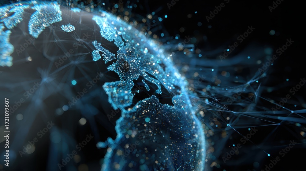 Poster a digital representation of earth, showcasing interconnected networks and glowing data points, symbo