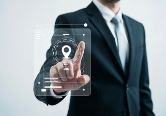 Closeup of a businessmans hand interacting with a transparent digital interface showing a location marker and business data