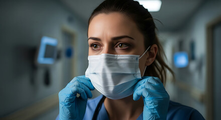 Nurse Adjusting Medical Face Mask and Blue Gloves in Hospital Corridor healthcare