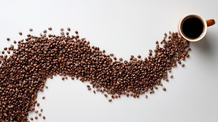 Naklejka premium Coffee cup and beans create elegant swirl on white. Artificial intelligence image