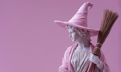 Statue of a woman dressed as a witch, wearing a pink pointed hat and holding a broomstick against pastel pink background. Halloween copy space template
