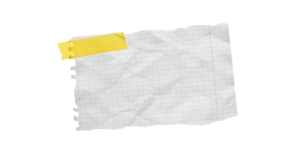 A crumpled piece of paper with a yellow tape on a transparent background