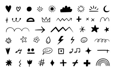 Collection of Hand-Drawn Black and White Icons and Symbols on White Background