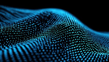 Abstract digital wave pattern, comprised of glowing blue dots, creates a dynamic and futuristic visual effect.
