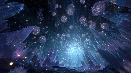 An enchanting depiction of crystalline structures illuminated by a cosmic glow, creating a serene, otherworldly atmosphere.