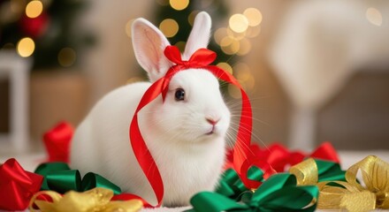 Charming white rabbit adorned with a red Christmas ribbon, surrounded by colorful festive ribbons and glowing bokeh lights for the holidays.