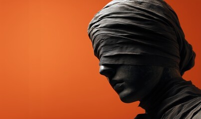 Classical female marble statue made of black marble wrapped in black bandages against vibrant orange background. Halloween spooky copy space template