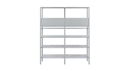 A modern, empty, gray metal shelving unit with multiple shelves, perfect for storage or display, isolated on transparent background