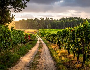 Naklejka premium Country road through vineyards at sunset